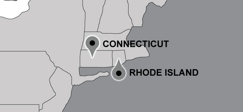Map of Carter travel locations: Connecticut & Rhode Island.