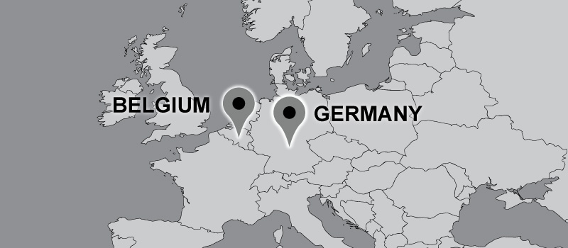 Travel map of Europe with pins marking Germany and Belgium