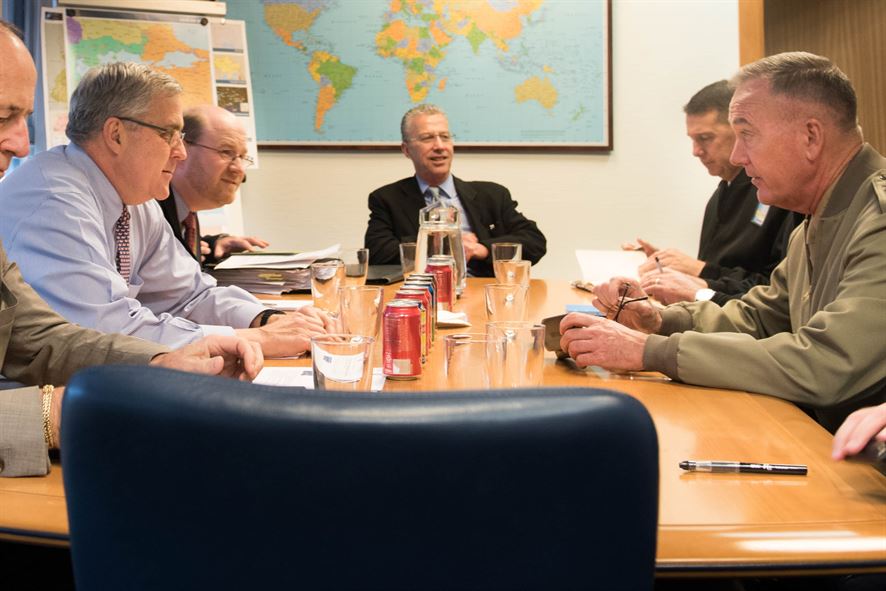 Marine Corps Gen. Joe Dunford, chairman of the Joint Chiefs of Staff, meets with U.S. Ambassador to NATO Douglas E. Lute 