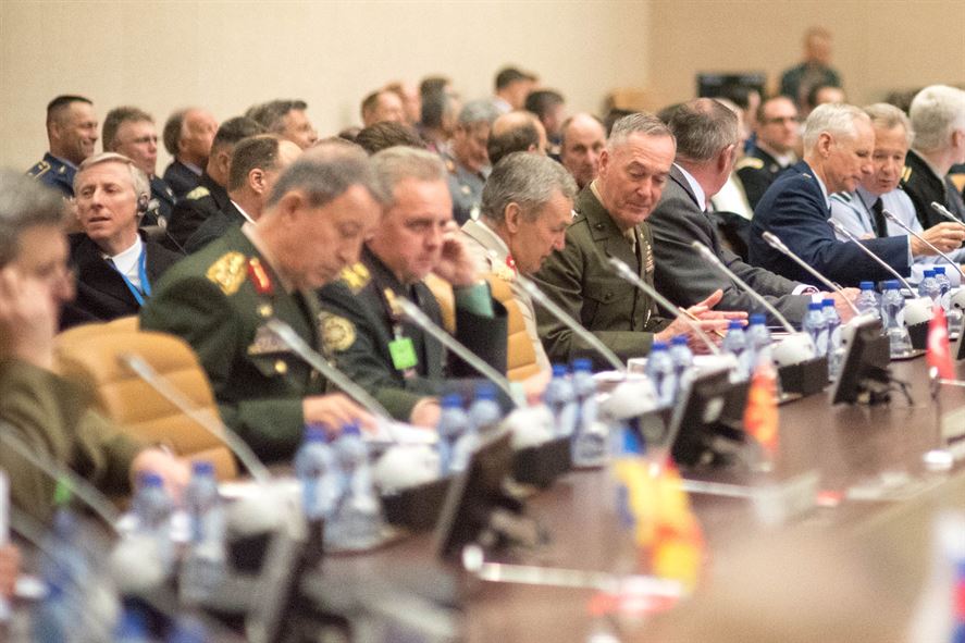 Marine Corps Gen. Joe Dunford, center, chairman of the Joint Chiefs of Staff, participates in the NATO Military Committee/Chiefs of Defense Session.