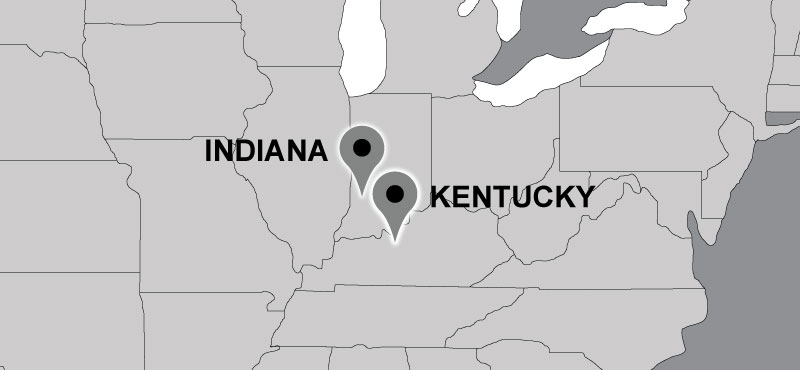 Map of Carter travel locations: Kentucky, Indiana.