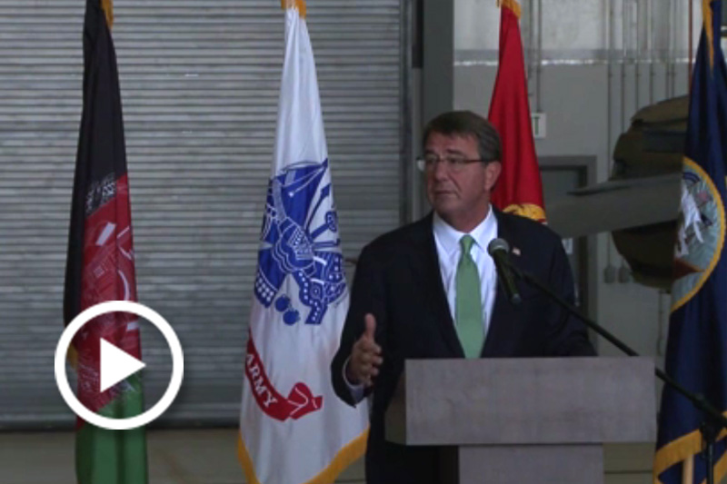 Screen grab of Defense Secretary Ash Carter speaking at a podium.