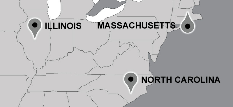 Map of Carter travel locations: Massachusetts, North Carolina, Illinois.