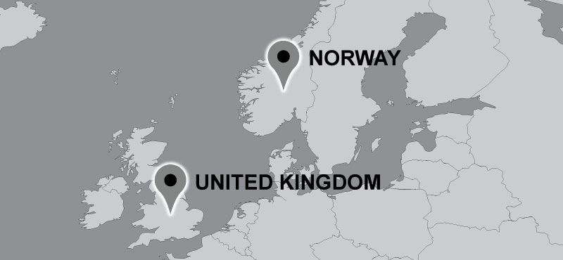 Map of Carter travel locations: United Kingdom, Norway.