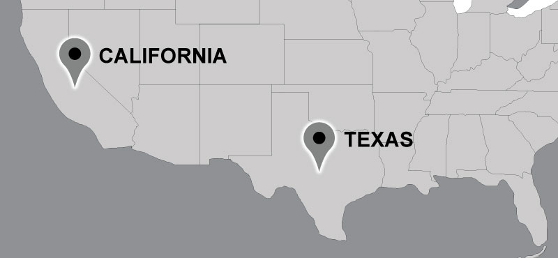 Map of Carter travel locations: California, Texas.
