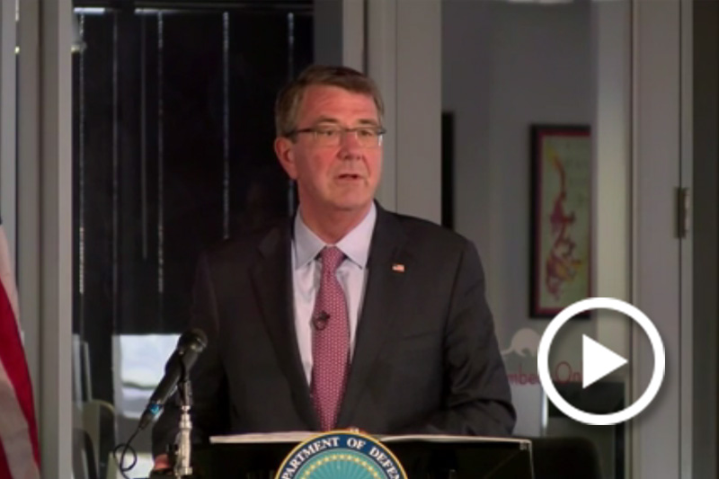 Screen grab of Defense Secretary Ash Carter giving a speech.