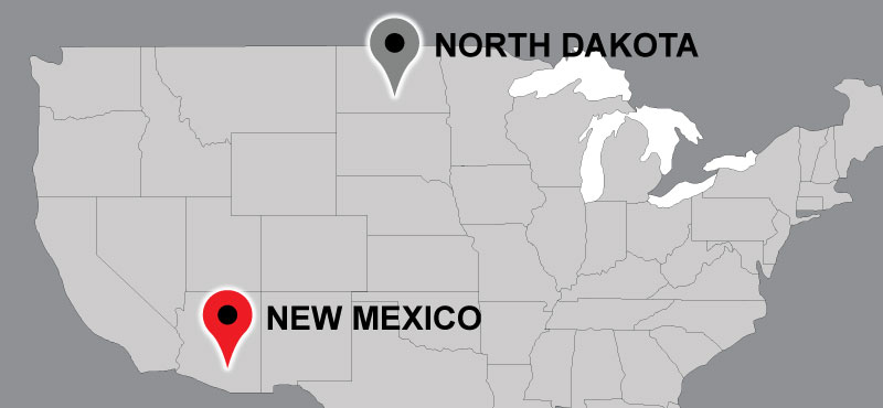 Map of Carter travel locations: North Dakota, New Mexico.