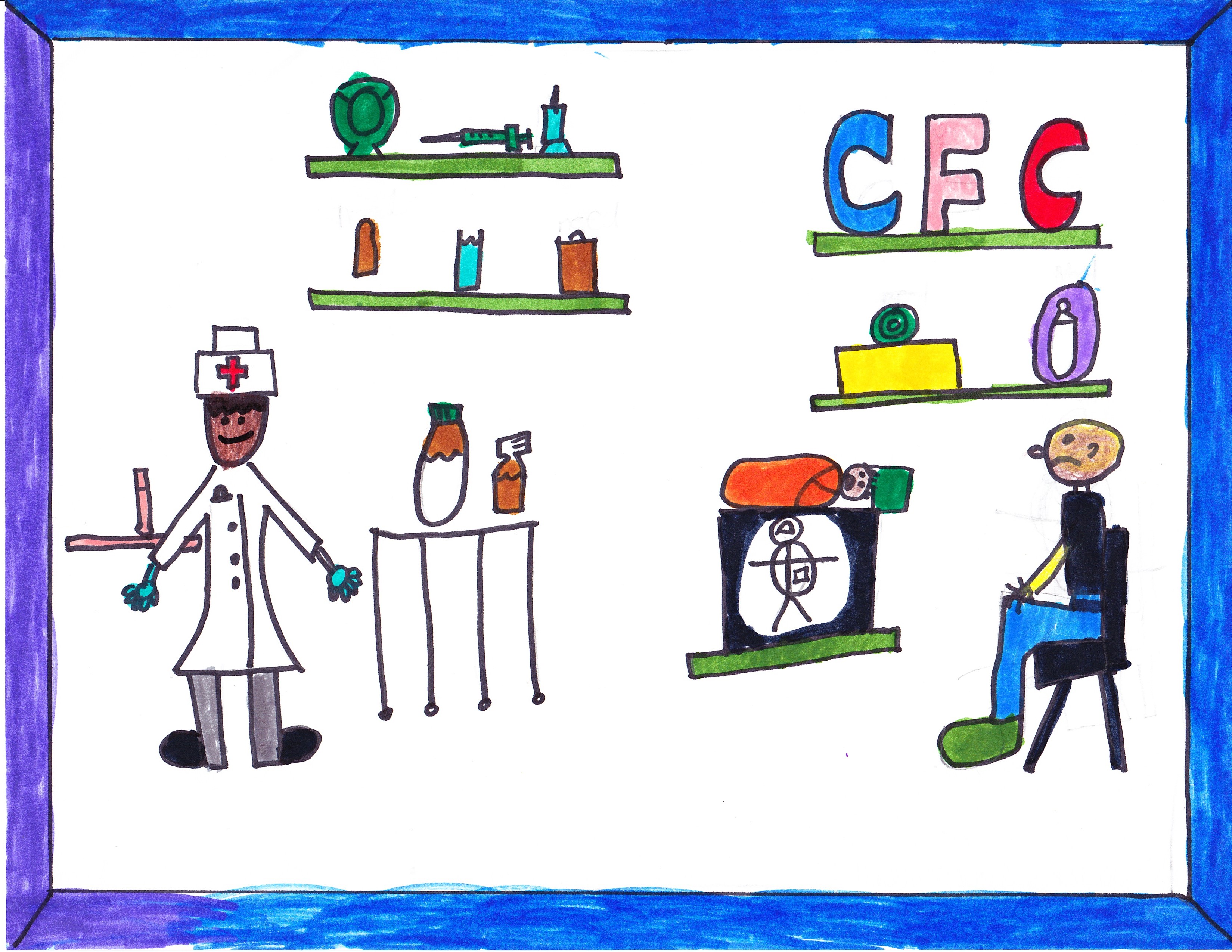 Children's drawing of a man and a baby at a doctor's office with a nurse.