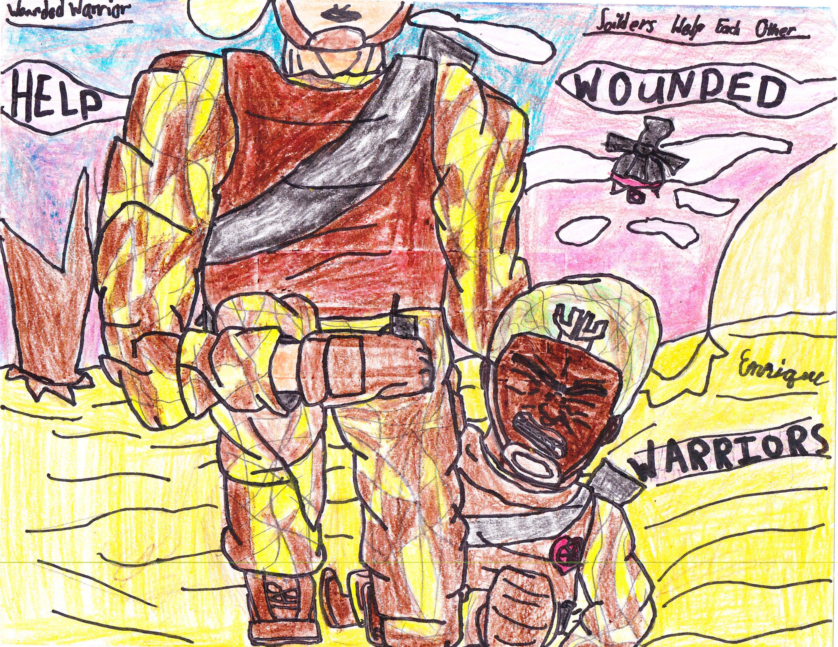 Children's drawing of a serviceman supporting a wounded serviceman