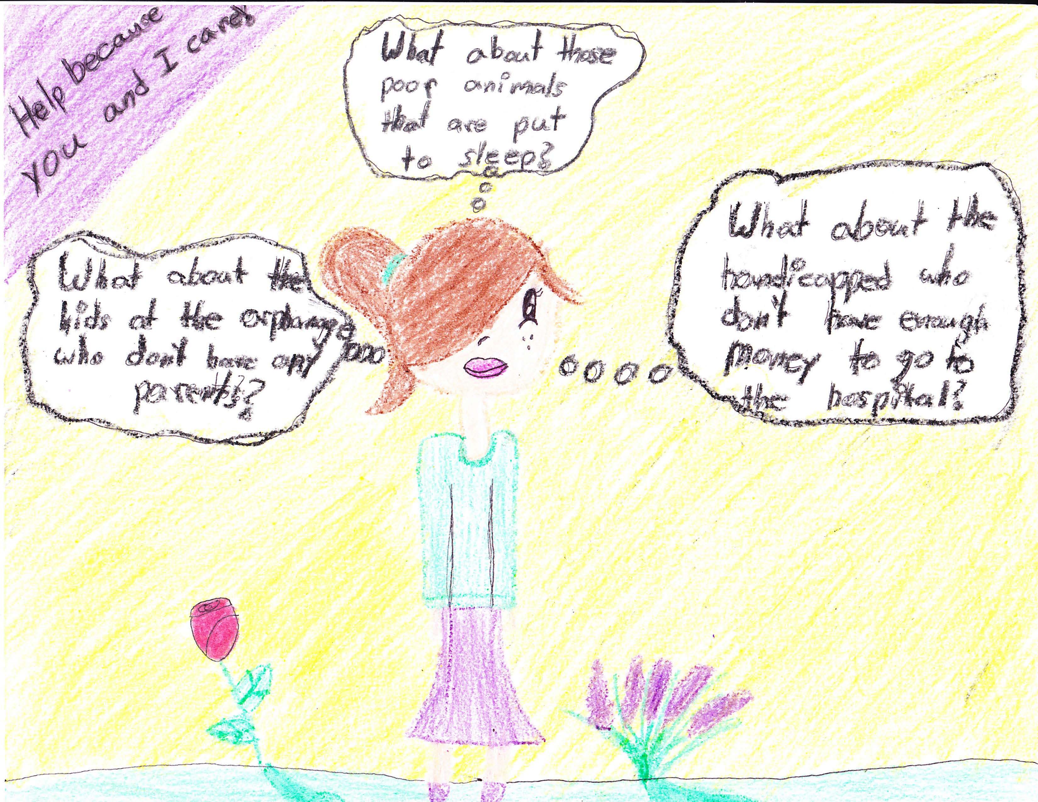 A children's drawing of a girl thinking about all those who need help.