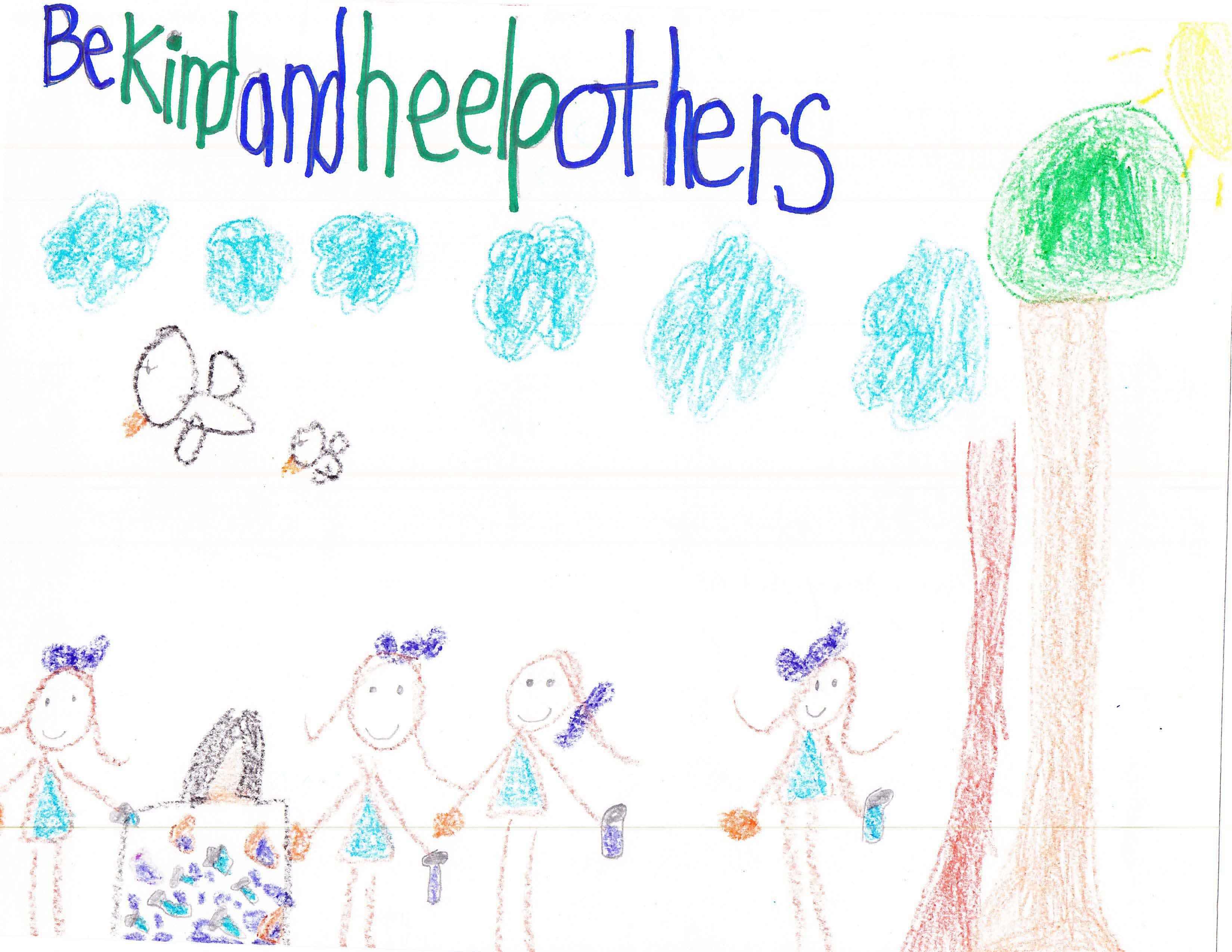 A children's drawing of some girls outside sharing things from a bag