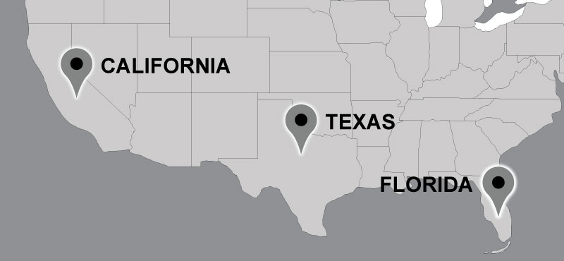Map of Carter travel locations: California, Texas, Florida.