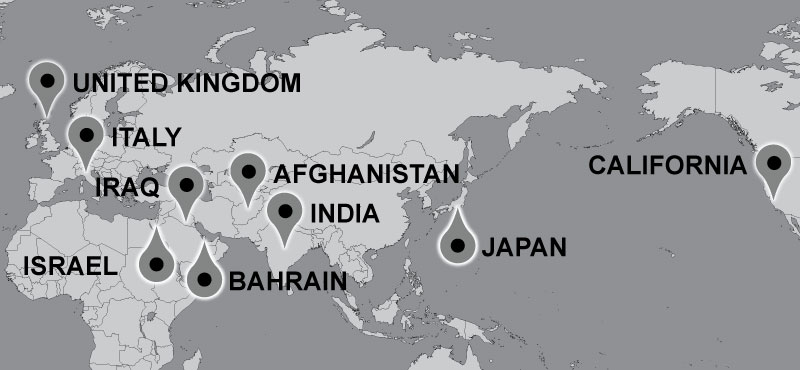 Map of Carter travel locations: California, Japan, India, Afghanistan, Bahrain, Iraq, Israel, Italy & United Kingdom.