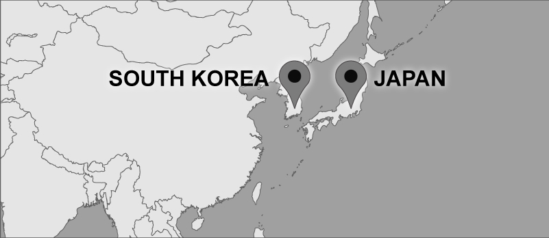 Map with pins marking South Korea and Japan