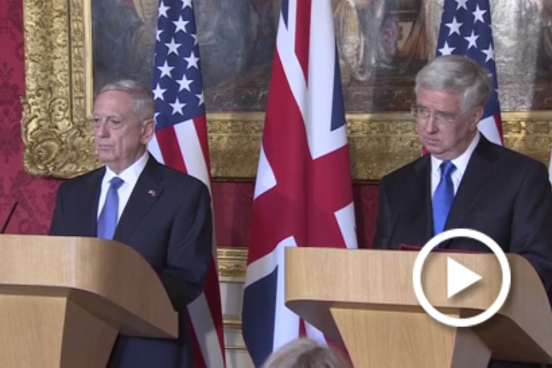 Screen grab of Defense Secretary Jim Mattis and British Defense Secretary Michael Fallon conducting a news conference in London.
