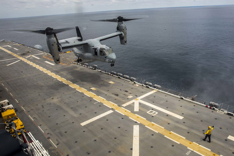 Osprey landing on the deck of an amphibious assault ship