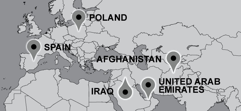 Map of travel locations with pins on Spain, United Arab Emirates, Afghanistan, Iraq and Poland.