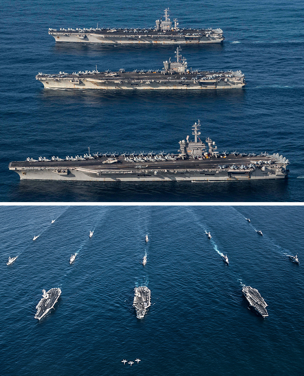 Three fighter aircraft fly in formation over three aircraft carriers in the ocean.